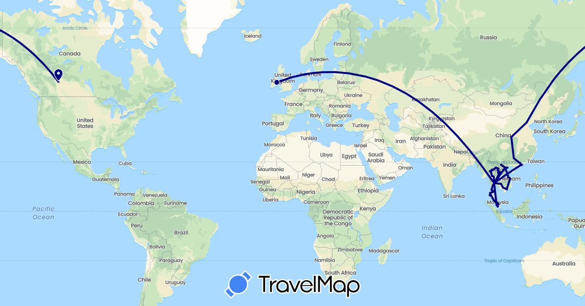 TravelMap itinerary: driving in Canada, China, Ireland, Cambodia, Laos, Malaysia, Thailand, Vietnam (Asia, Europe, North America)