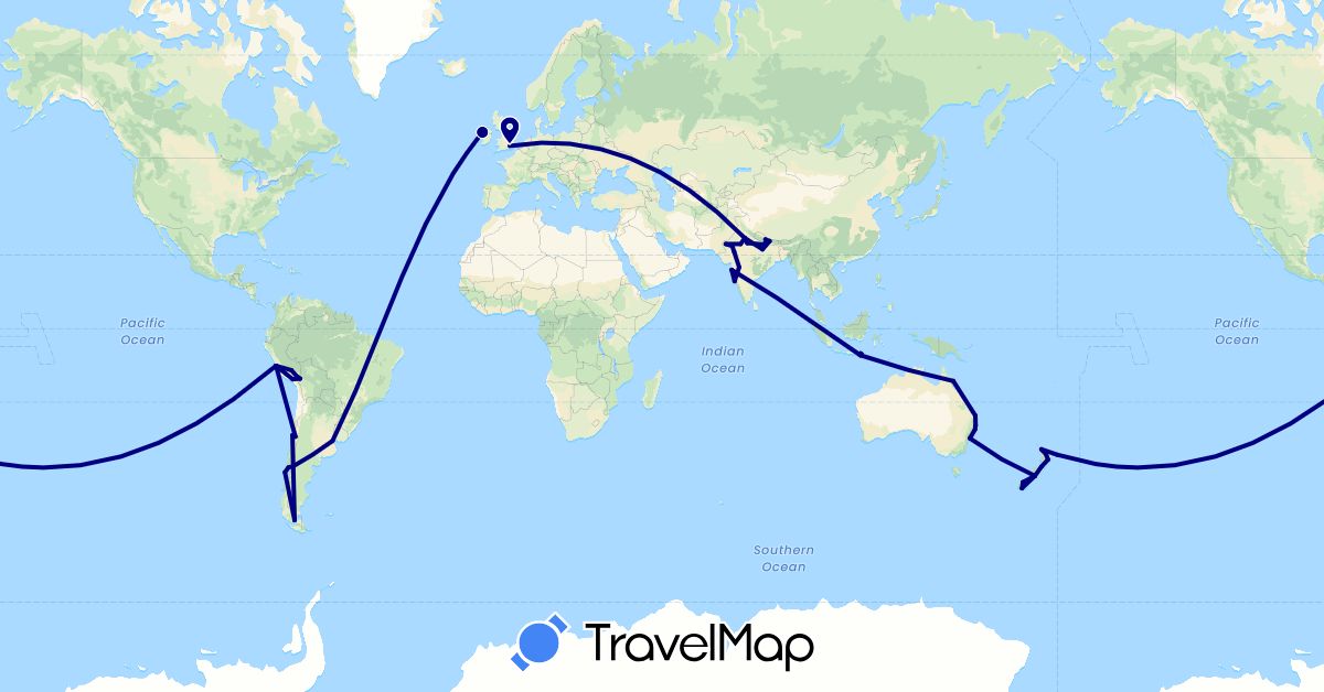 TravelMap itinerary: driving in Argentina, Australia, Bolivia, Chile, United Kingdom, Indonesia, Ireland, India, Nepal, New Zealand, Peru (Asia, Europe, Oceania, South America)